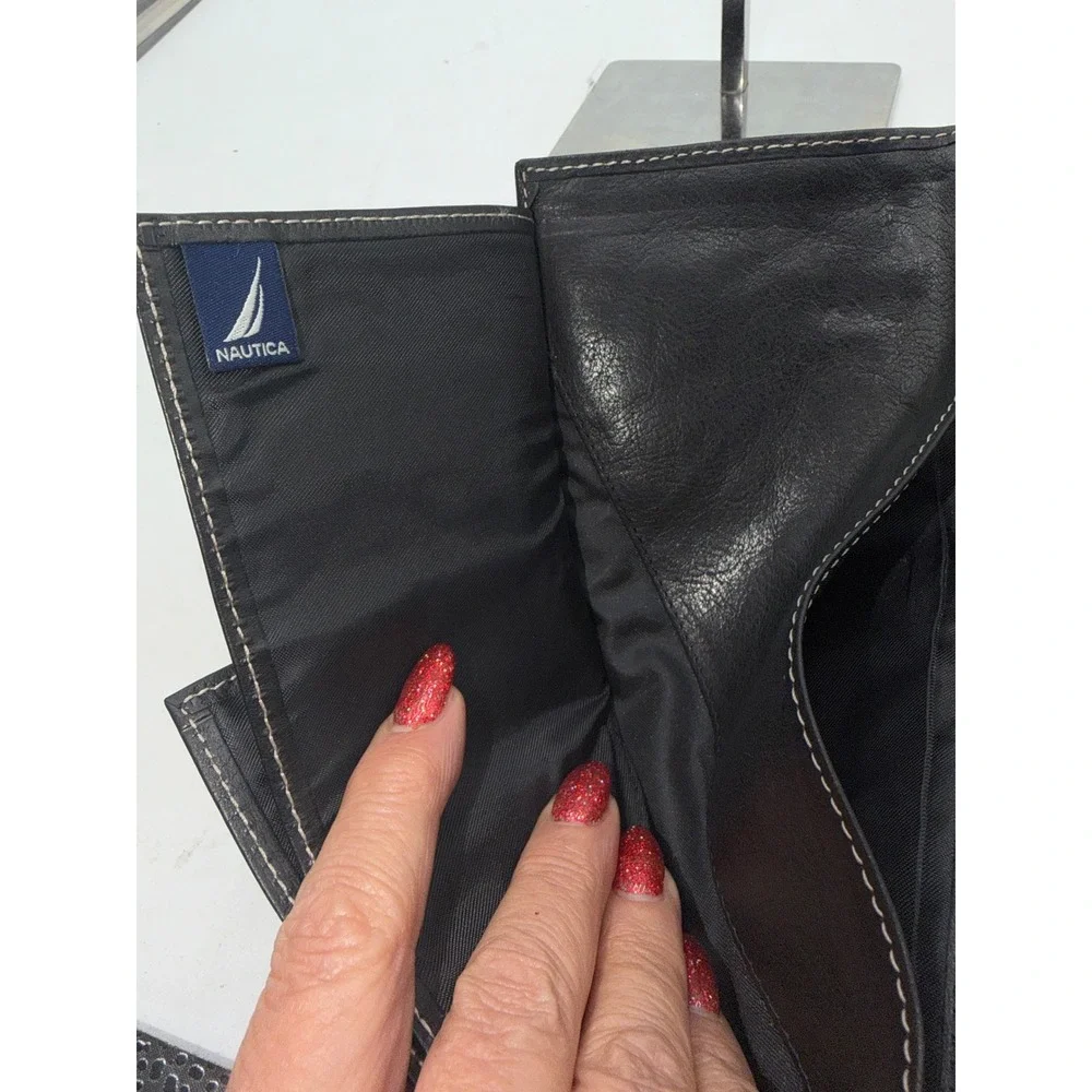 Nautica Mens Black Leather Trifold Checkbook Wallet with Contrast Stitching